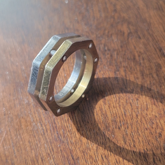 Hexagonal Silver and Gold Men's Two Tone Double Ring - Picture 2 of 12